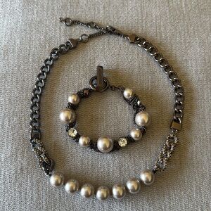 Givenchy Bronze Chain Necklace and Bracelet Set Pearl Rope Rhinestone Crystal